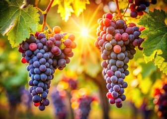 Naklejka premium Aerial drone shot reveals a vibrant vineyard in autumn; three clusters of ripe grapes grace the vine.