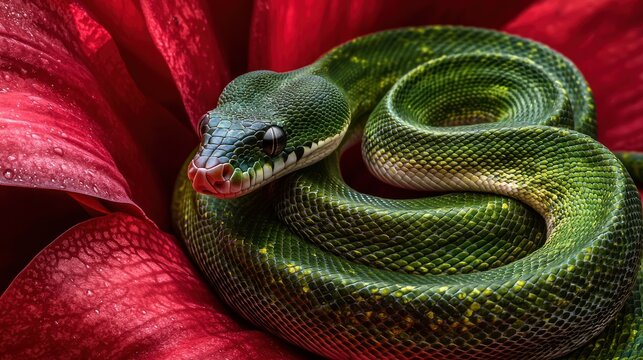 Green tree python coiled on red flower petals.