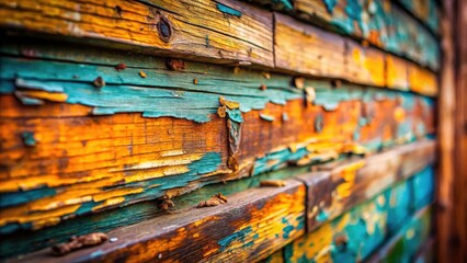 Aged wood's paint-chipped surface, miniature tilt-shift style; a vintage rustic background ideal for nostalgic designs.