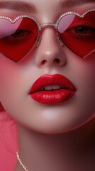 Fototapeta premium Woman with heart-shaped glasses and red lips on pink background for fashion or beauty shot