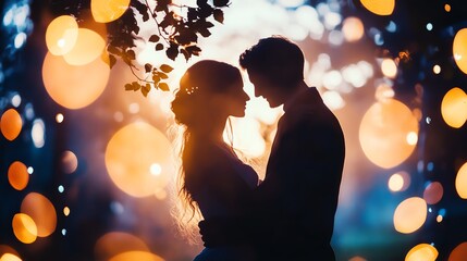 A romantic silhouette of a couple embracing among glowing lights in a magical outdoor setting.