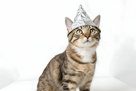 Tabby cat wearing an aluminum foil hat with a wide-eyed expression