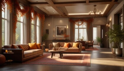 Cozy hotel lobby with autumnal decorations and comfortable seating areas, hotel lobby, rustic touches , cozy atmosphere