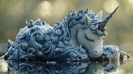 Porcelain unicorn sculpture, blue, ornate, sleeping, water reflection.