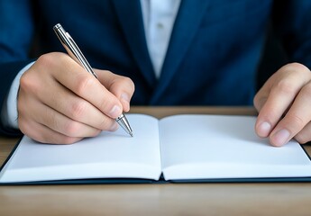 Professional Man Writing in Notebook with Pen on Wooden Table