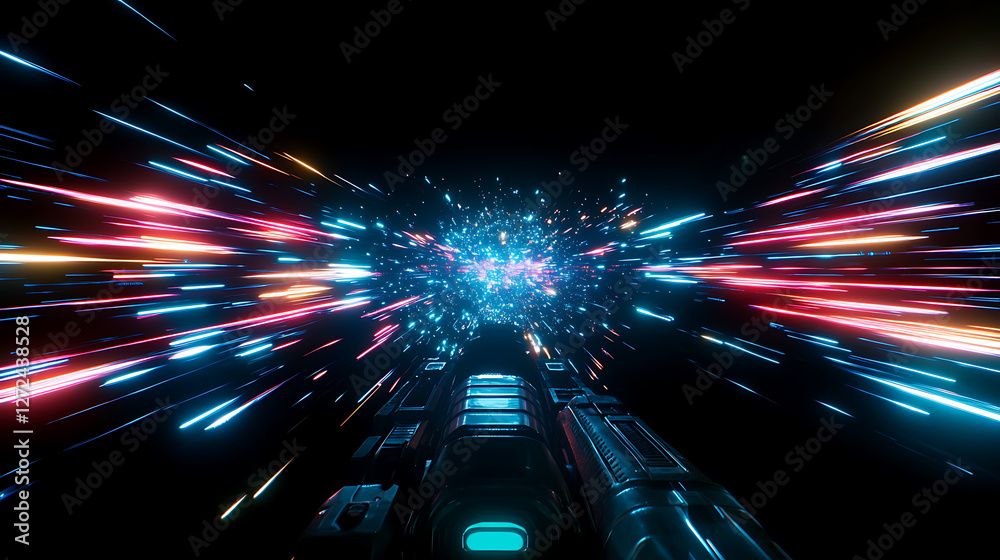 Poster sci fi spaceship speeding through hyperspace with trails of light and energy in deep space.