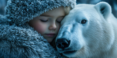 Obraz premium Child embracing polar bear arctic region emotional bond nature setting close-up view love and connection