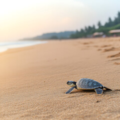 Obraz premium Sea Turtle Hatchling Journey on Sandy Beach at Sunset towards the Ocean Conservation Moment.