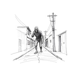 Grim Reaper Walking Down Alleyway, Horror Ink Drawing