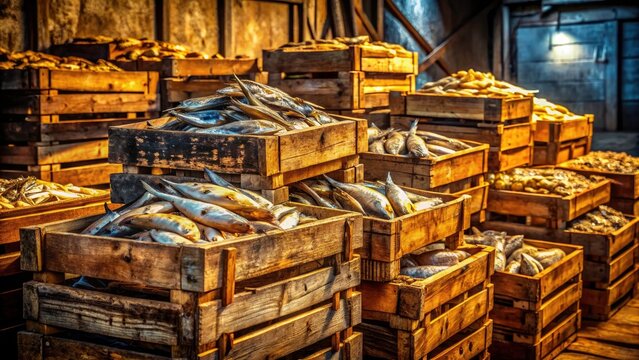 Architectural photography captures the aged textures of wooden fish storage, showcasing Asian culinary heritage.