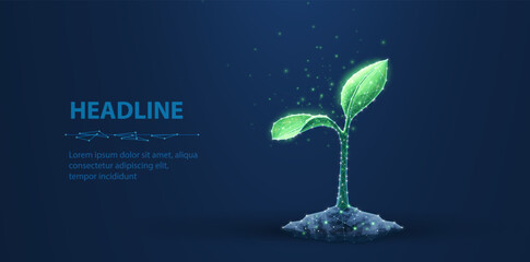 3D Plant on blue background. Sprout Growth, Future Technology, Grow Bio.