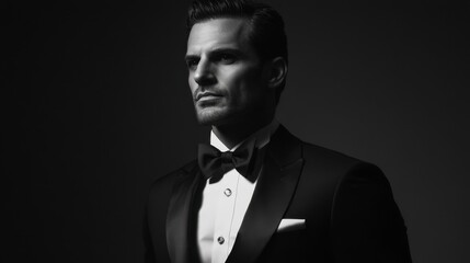 Obraz premium Elegant Man in Tuxedo: Black and White Portrait