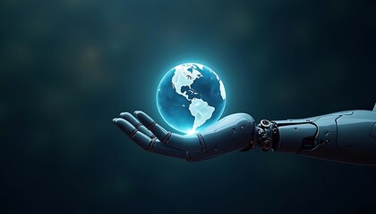 Fototapeta premium Robotic Hand Gently Holding Our Illuminated Planet Earth
