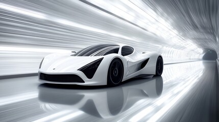 Sleek white sports car speeds through futuristic tunnel at high velocity