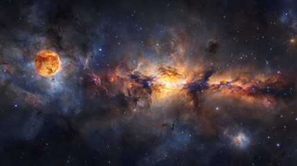 Fototapeta premium Nebula Panorama: Cosmic Clouds and Distant Sun