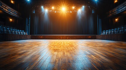 Empty concert stage, spotlights, wooden floor