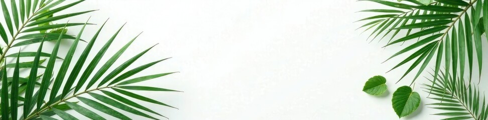 Delicate palm leaves scattered on white canvas, elegant, white, simple