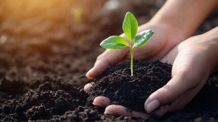 Hands planting seedling in soil, nature background, nurturing