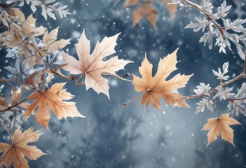 Delicate winter leaves and snowflakes in watercolor, blue, elegant, delicate