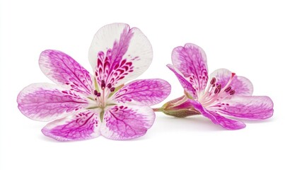 Obraz premium Two vibrant pink flowers with intricate patterns against a white background, ideal for nature themes