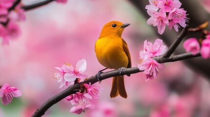 Verditer Flycatcher perched cherry blossoms in serene Springtime