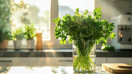 Bright and Airy Kitchen Scene with Fresh Parsley Bunches