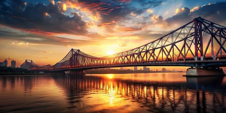 Majestic Howrah Bridge Sunset, Kolkata City Lights, Bokeh, India