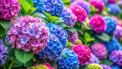 Obraz premium A vibrant hydrangea bush bursts with colorful flower blooms in this high-resolution stock image.