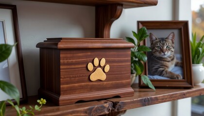 Wooden Cremation Urn Box with a Paw Print Engraving, Placed on a Shelf Next to a Framed Photograph of a Deceased Cat. Memorial, Death, Funerals. 