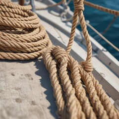 Detailed view of rope and wire on sailing boat with cow hitch, nautical, cow hitch, rope tied
