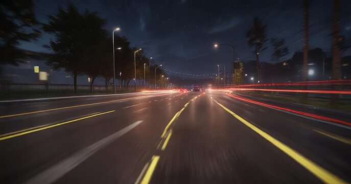 Distant blurring of car lights as it zooms by, moving car, distant, blurring