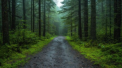 Obraz premium Misty forest path, tranquil nature scene, perfect for background