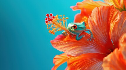 Fototapeta premium Red-eyed tree frog perched on vibrant orange hibiscus flower against a teal background.