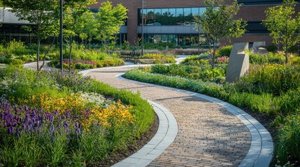 Obraz premium Beautifully Designed Hospital Garden with Winding Pathways and Flowers