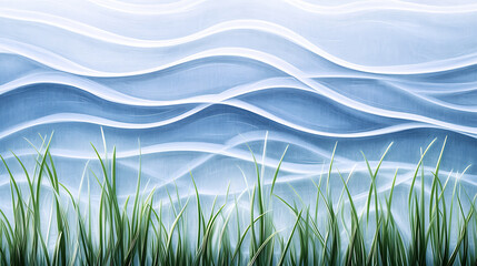 Serene Water Ripples and Grass Blades in Blue Tones Minimalist Abstract Composition Art Piece.