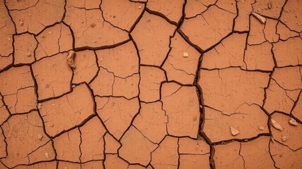 Dry and cracked terracotta surface with scattered dust and debris, earthy, dust, beige