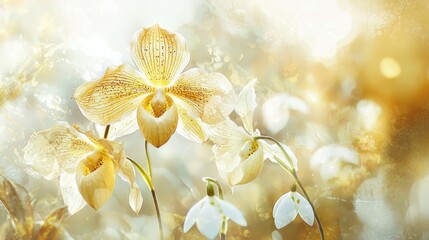 Fototapeta premium Golden orchids and snowdrops in sunlight.