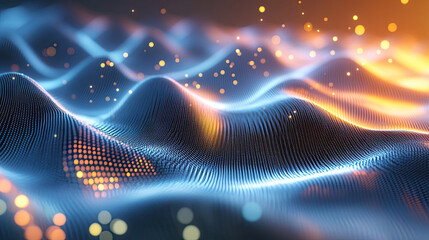 Abstract 3D Waves with Glowing Particles on a Digital Background