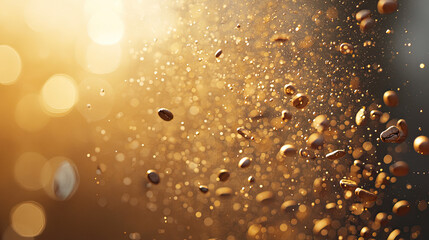 Floating Coffee Beans with Golden Bokeh Background Effects