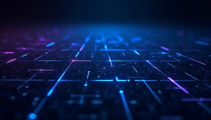 Abstract Digital Network:  Futuristic Cyberspace, glowing lines and nodes, vibrant blue and purple hues, high-tech digital landscape.