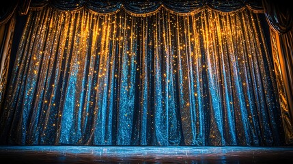 Sparkling stage curtain, dark theater, performance backdrop