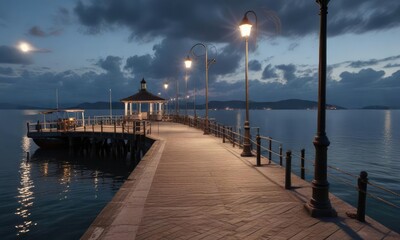 Fototapeta premium Evening scene of a pier with light posts and boats, serene landscape , boats