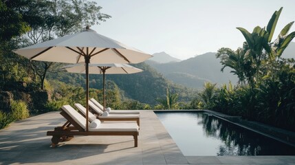 Serene infinity pool terrace with wooden sun loungers, white parasols, and lush garden scenery. No people no text
