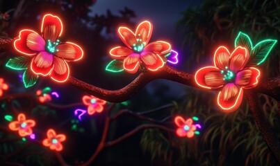 Obraz premium Vibrant neon flowers glowing on a branch at night, surrounded by lush foliage and a dark sky