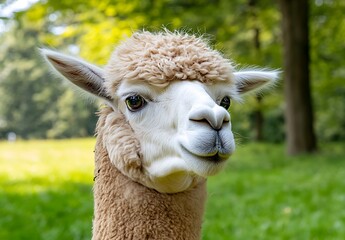 Obraz premium Adorable Close-Up of a Gentle Alpaca Smiling in Green Pasture