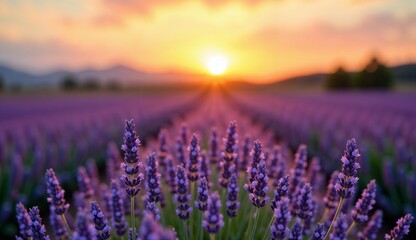 Obraz premium Lavender field at sunset with blooming flowers and vibrant purple hues