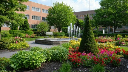 Charming Hospital Garden with Artful Topiary and Vibrant Flowers