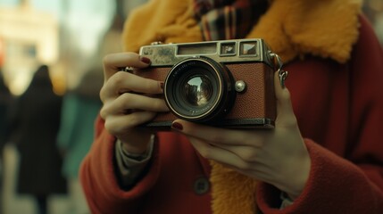 Woman holding vintage camera, city background, capturing moment, potential stock photo