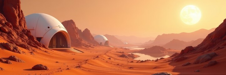 Naklejka premium Dune-clad Martian commune, futuristic domes blend with red rock , dome, colony, geometric
