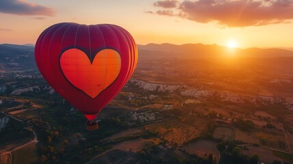 Fototapeta premium Hot Air Balloon With Heart Design Ascends Into the Sunset Over Scenic Landscape in a Picturesque Region